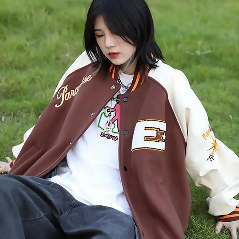 

1pc Oversized Streetwear Retro Baseball Uniform Women's Harajuku Style PU Leather Contrast Stitching Men's Casual Coat Tops
