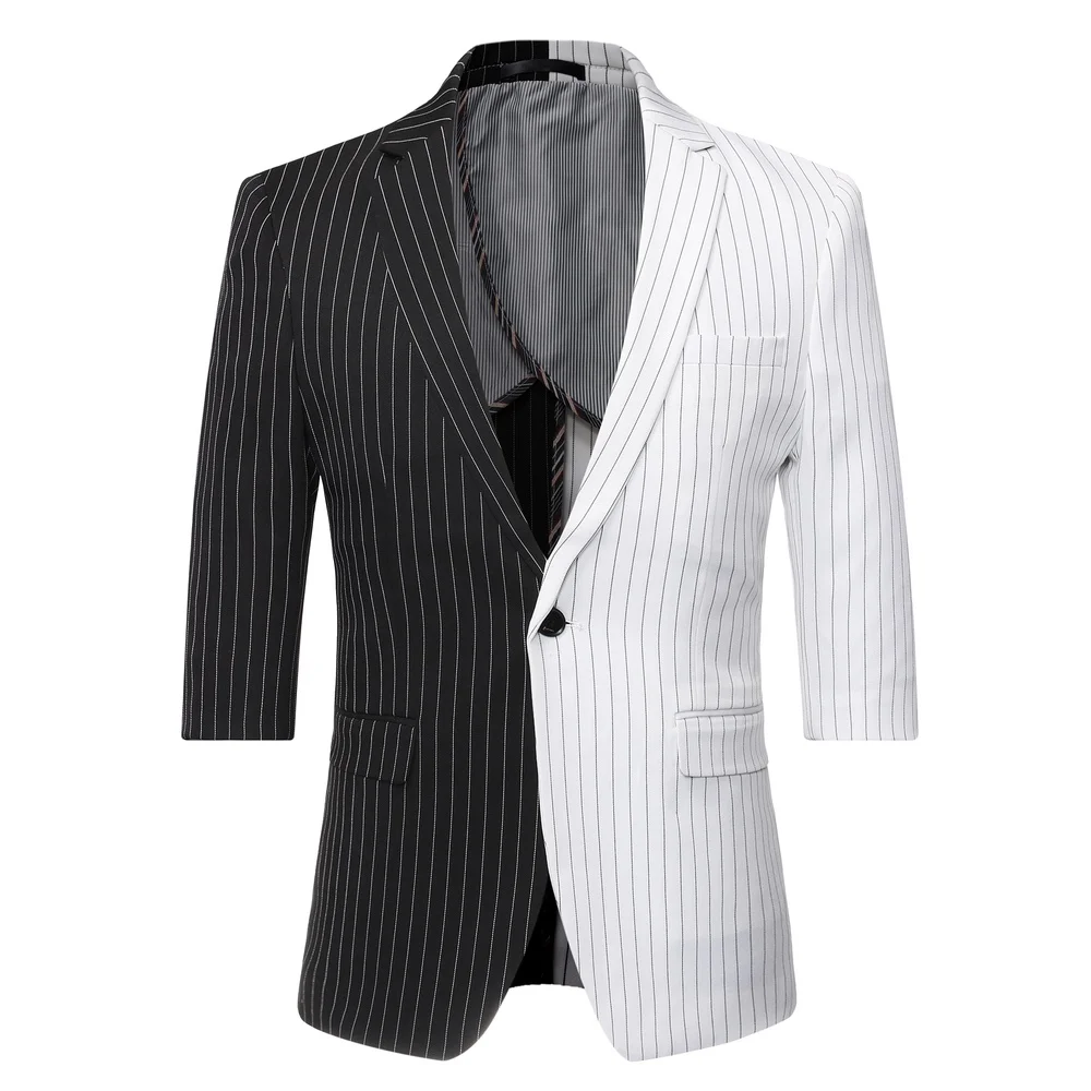 

2019 spring summer new Korean men's splice suits five-point sleeves suit nine points pants striped hair stylist blazer + pants