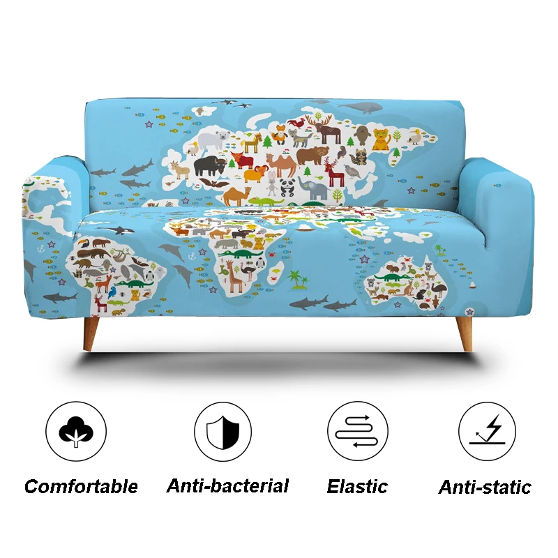 

3D World Map Stretch Elastic Couch Anti-dust Sofa Cover All Inclusive Spandex Couch Case L Shape Armrest Cover for Living Room