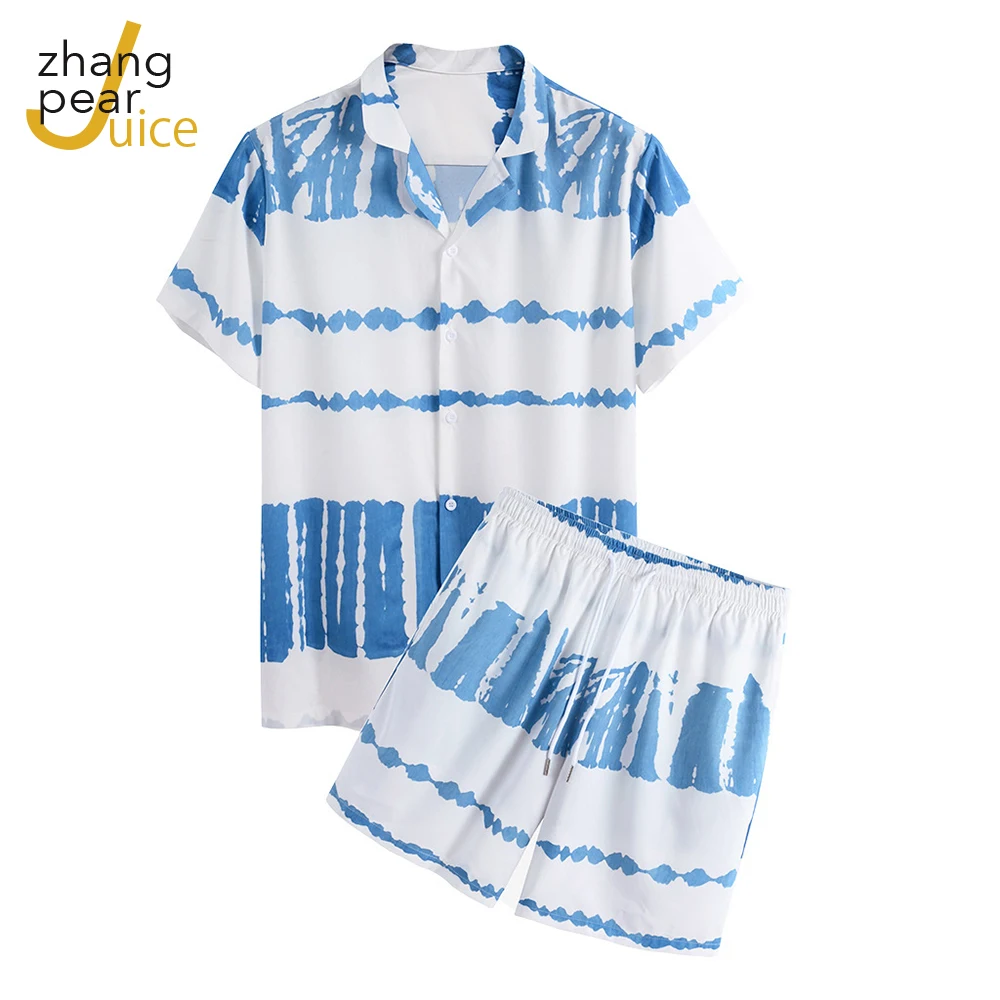 

Men Summer Set Men Shorts Set Print Shirt and Shorts Beach Wear Holiday Clothes Vacation Outfit Male Two Piece Set