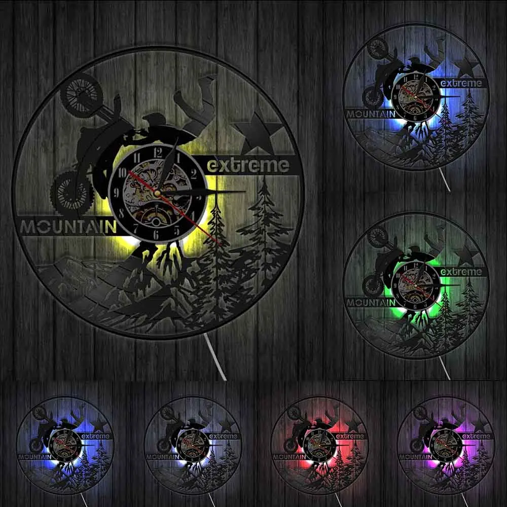 With LED Настенные часы для мотокросса, горного велосипеда, экстремальных мотоциклов, мотоциклов, Виниловая пластинка, настенные часы, винтажные, для езды на велосипеде, декоративные настенные часы - Цвет: With LED