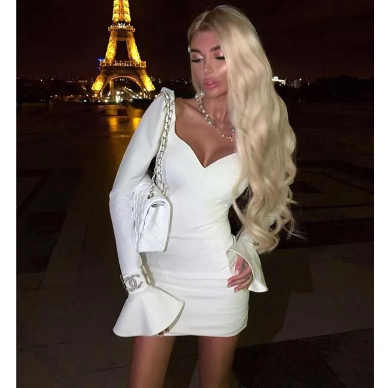 Платье женское черно-белое Бандажное с длинным рукавом | Женская одежда