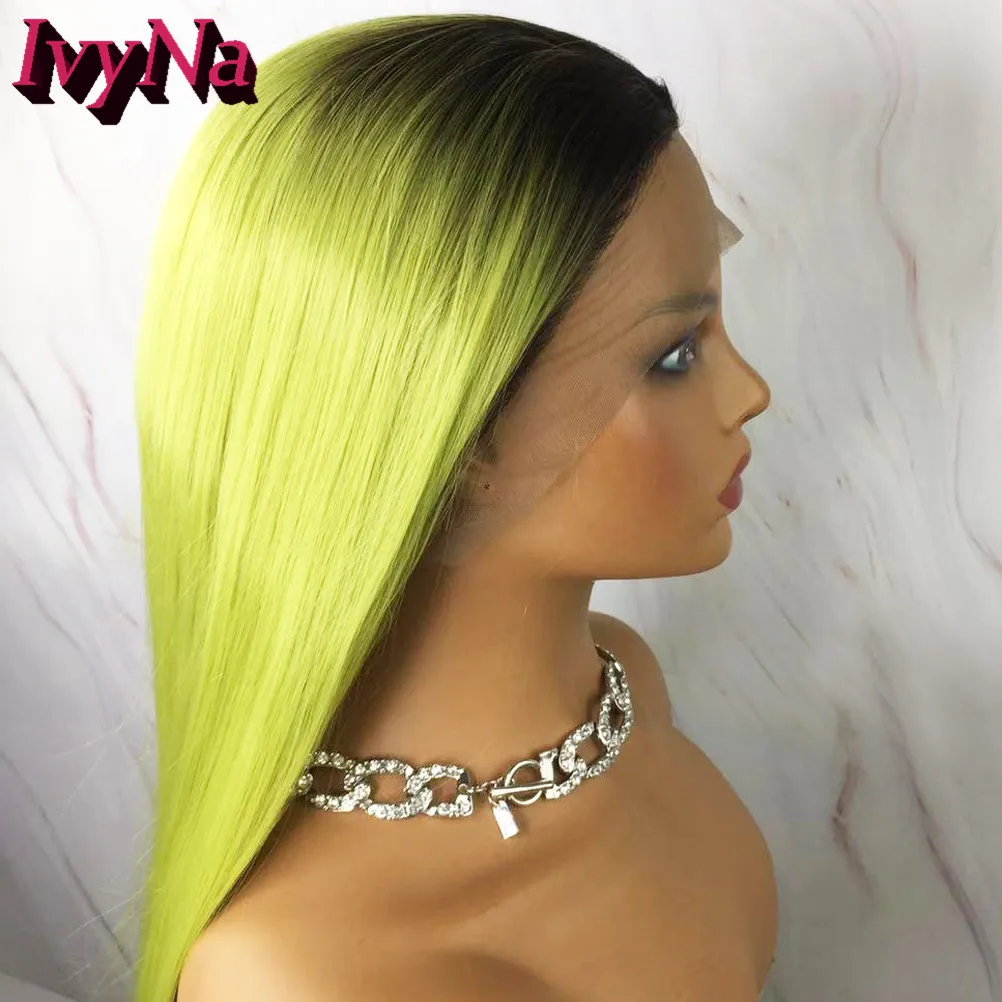 

IvyNa Long Ombre Green Synthetic Lace Front Wigs For Women Dark Roots Silky Straight Heat Resistant 2 Tone 13x3 Lace Frontal Wig