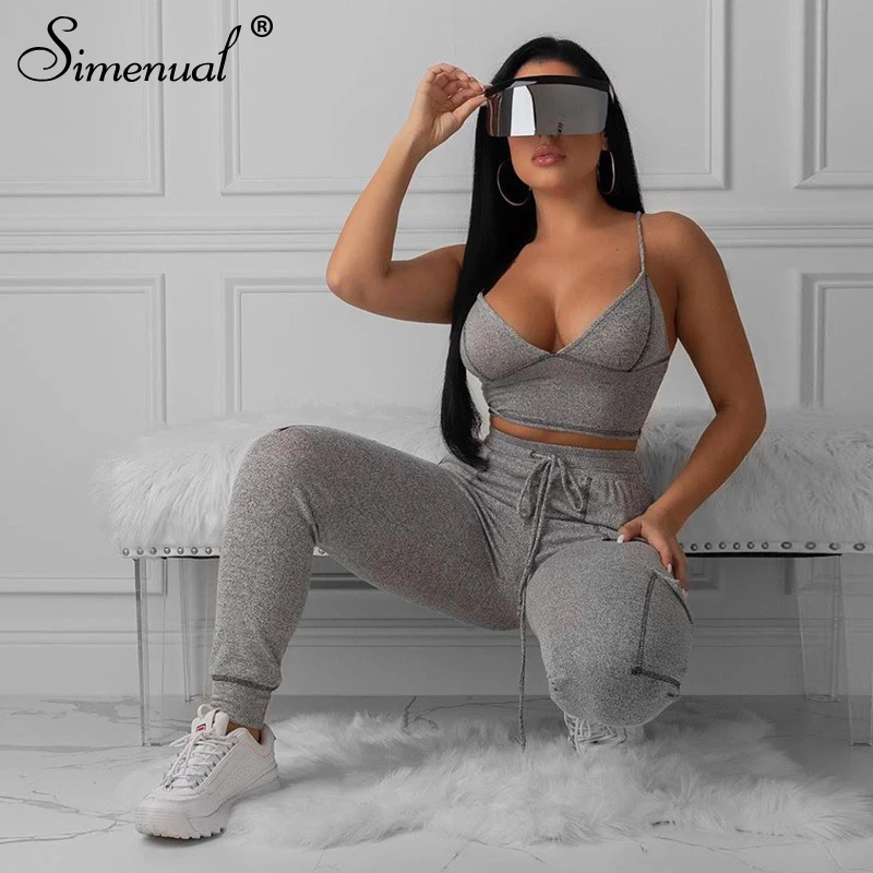 Simenual, спортивный, сексуальный, Модный комплект, женский, для тренировок,, осенний набор для бегунов, с карманами, без рукавов, топ и штаны, 2 предмета