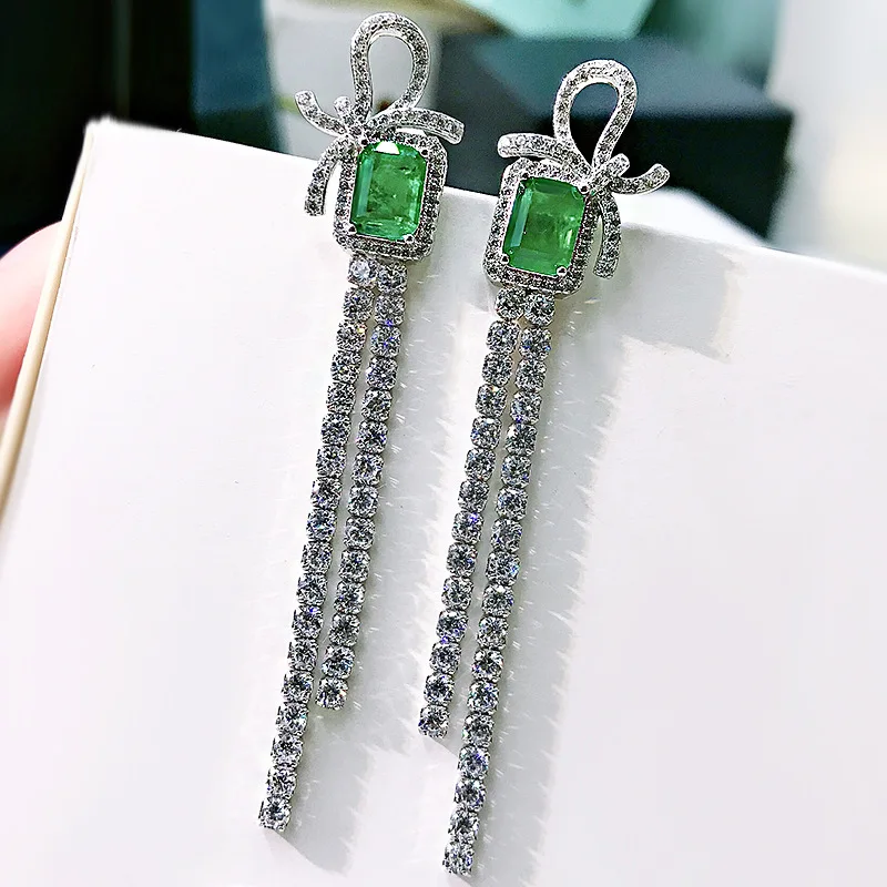 

Solid 925 Silver Emerald Girl Luxury Popular Tassels Bowkont Gem Earring Eardrop Support Dete for Women Anniversary Fine Jewelry
