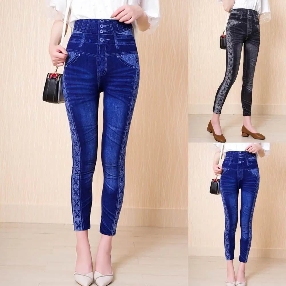 

2021 New Women Imitation Jeans Leggings Rope Knot Pattern High Stretchy Women Push Up All Match Faux Denim Jeggings Streetwear