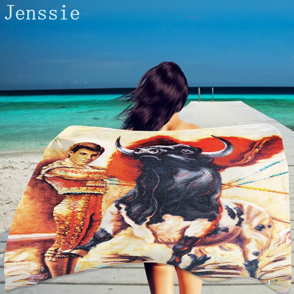 

Spanish Bullfighter Beach Towel For Adult Microfiber Towels African Indian Woman Blanket Tassels Tapestry Strong Bull Beach Mat