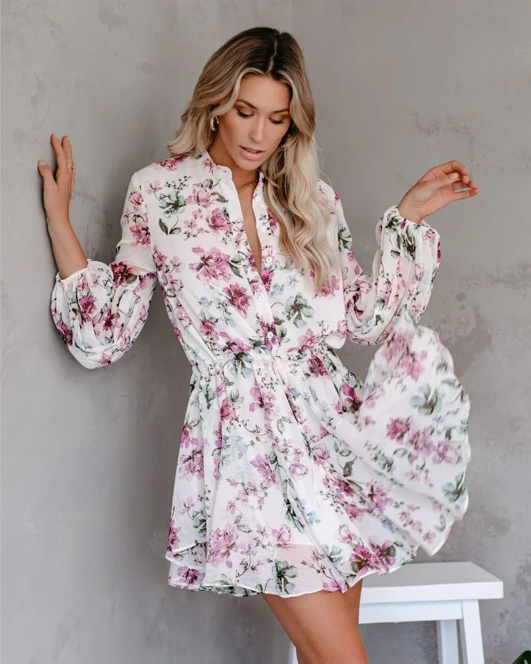 

Женское шифоновое платье на пуговицах, Осеннее пикантное платье с цветочным принтом и широким рукавом-фонариком