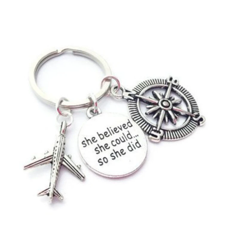

She Believed She Could So She Did Plane Travel Compass Charm Pendant Key Chain Ring Accessories
