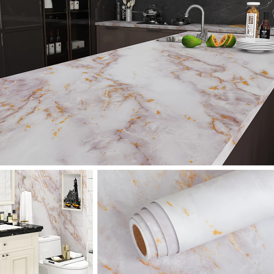 

Kitchen Home Decor Marble Vinyl Wallpapers for Cabinet Dining Table Living Room Bathroom Waterproof Self-Adhesive Thick Stickers