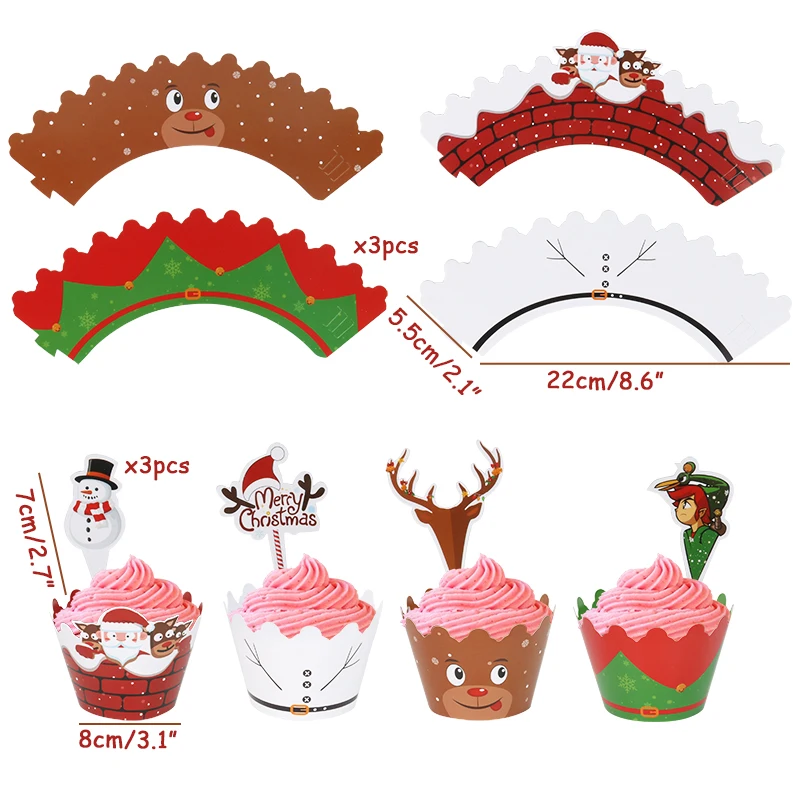 

24pcs Christmas Paper Cupcake Wrapper Christmas New Year Birthday Party Cake Decorations Tools Santa Claus Cake Topper