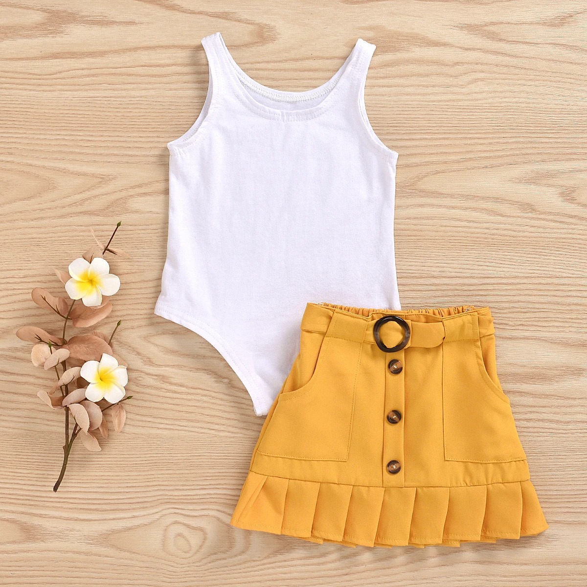 2PCS Toddler Kids Baby Girl Clothes Sets Sleeveless Solid Vest Romper Yellow Pleated Skirt Summer Outfit Set