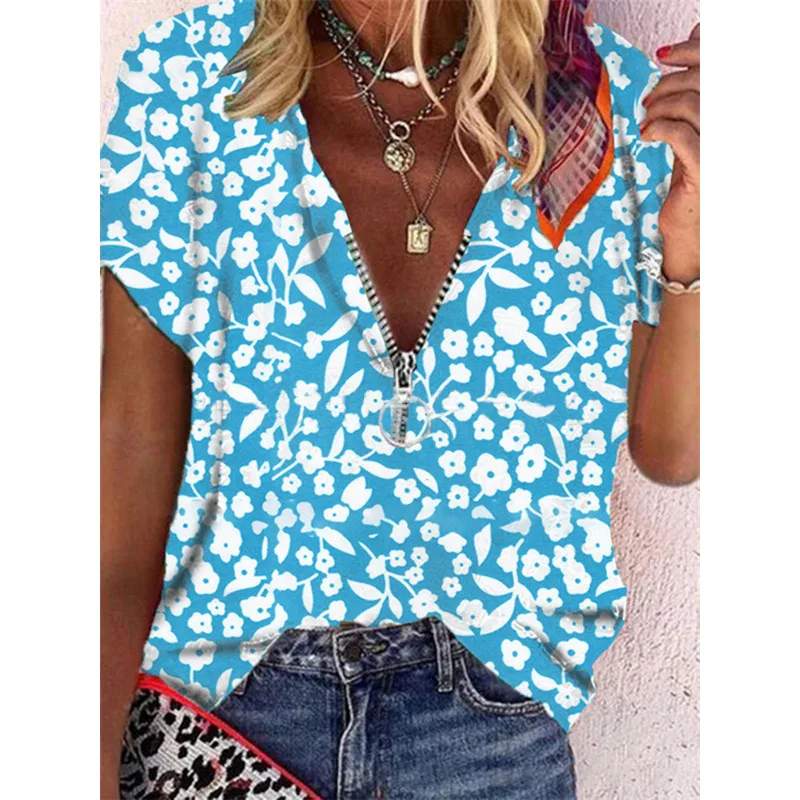 

2021 Summer New Women's Shirt Zipper V-neck Floral Loose Casual Blouse Fashion Female Plus Size Blouses Short Sleeve Shirts Tops