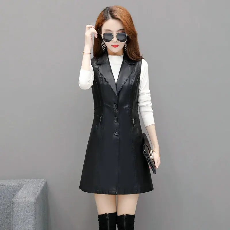 Черный кожаный жилет без рукавов женский длинный секционный 2020 Весна Осень