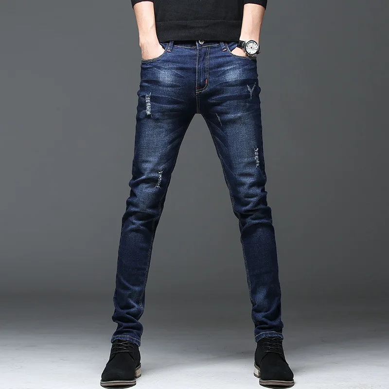 Мужские джинсовые брюки карандаш синие облегающие джоггеры из денима на молнии