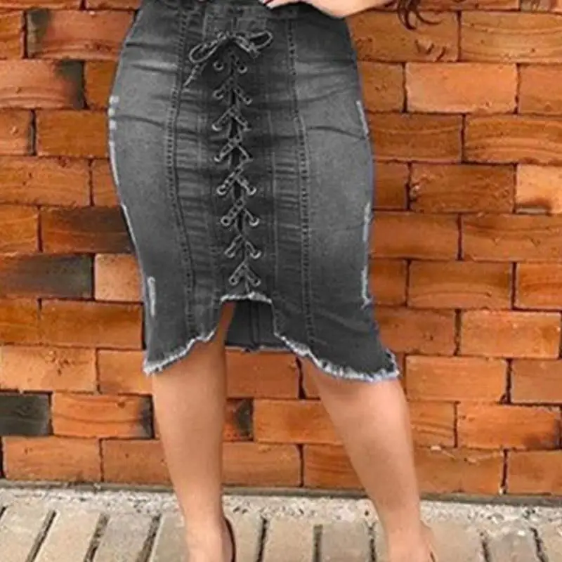 Женские джинсовые юбки карандаш с повязкой спереди модные облегающие со