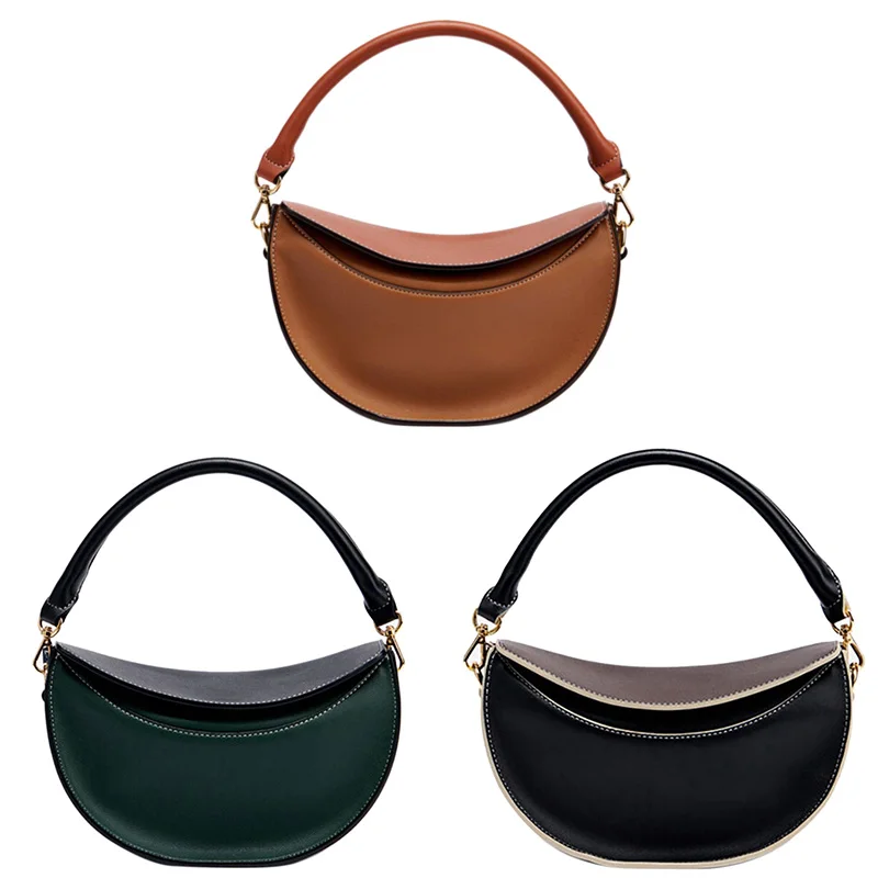 

NEW-Vintage Half Moon Bag Leather Famous Luxury Handbags Wide Strap Crossbody Bag Shoulder Bags for Women