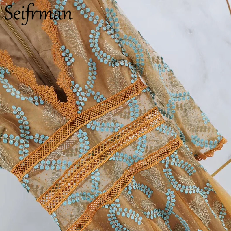 

Seifrmann Women Summer Fashion RunwayParty A-Line Dress Sexy V-Neck Lace Embroidery High Waist Ladies Midi Dresses vestidos