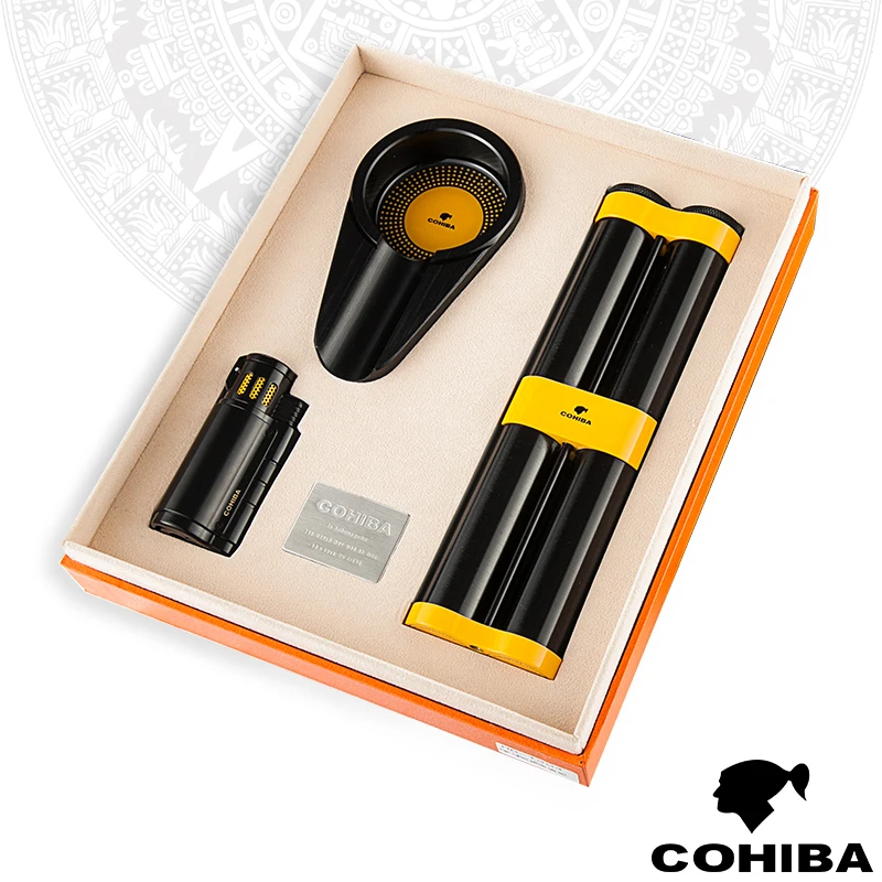 COHIBA набор для курения сигарный костюм с 2 трубками Humidor+ пепельница+ зажигалка для сигар, портативный дорожный сигарный набор