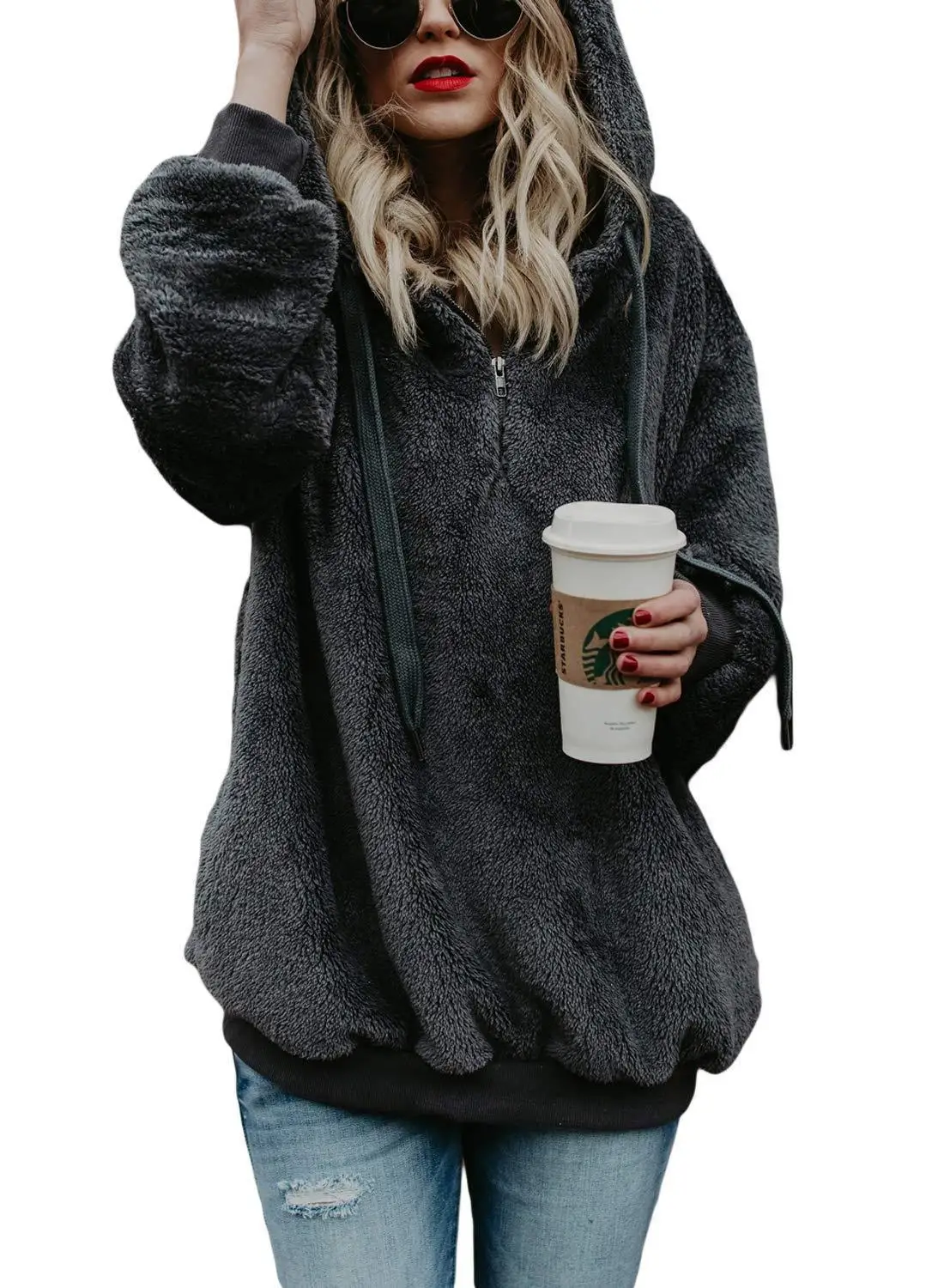 Women's Autumn Winter Suede Long-sleeve Hoodies Loose Casual Velour Hoodies Pullover Sweatshirt Large Size Sherpa Pink Clothes - Color: Dark grey