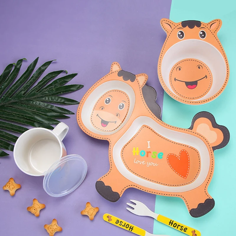 Baby Tableware Cartoon Children Feeding Dishes Kids Dish Bamboo Fiber Dinnerware Set with Bowl Fork Cup Spoon Plate 5Pcs pony | Дом и сад