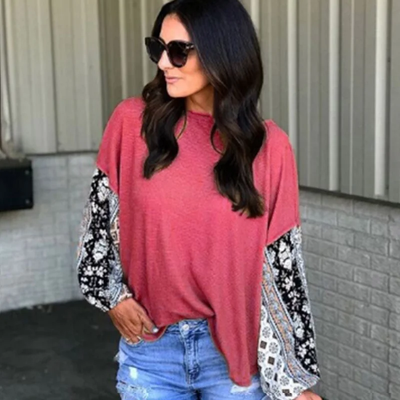 

Long-sleeved T-shirt Women Printing Stitching Fashion Casual Breathable