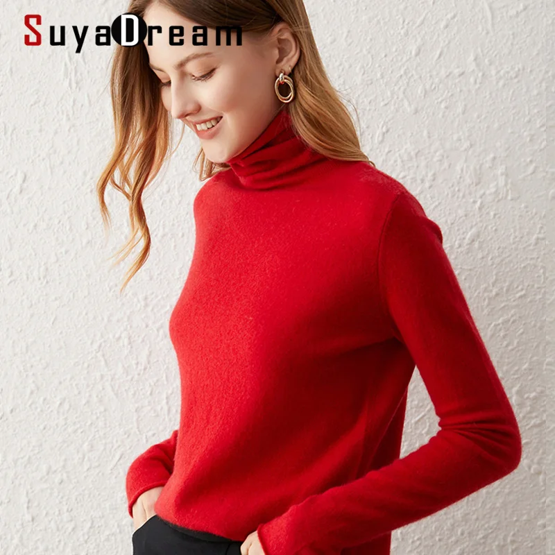 SuyaDream Women Sweaters 65%Cashmere 35%Wool Turtleneck Pullovers 2021 Fall Winter Warm Sweaters for Woman Red Khaki