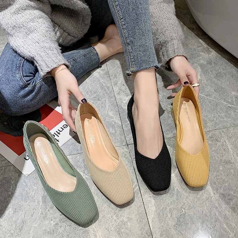 

Knitting Flats Moccasin Shoes Elegant Casual Female Sneakers 2021 Fashion Women's Square Toe Ladies' Footwear All-Match Moccasin