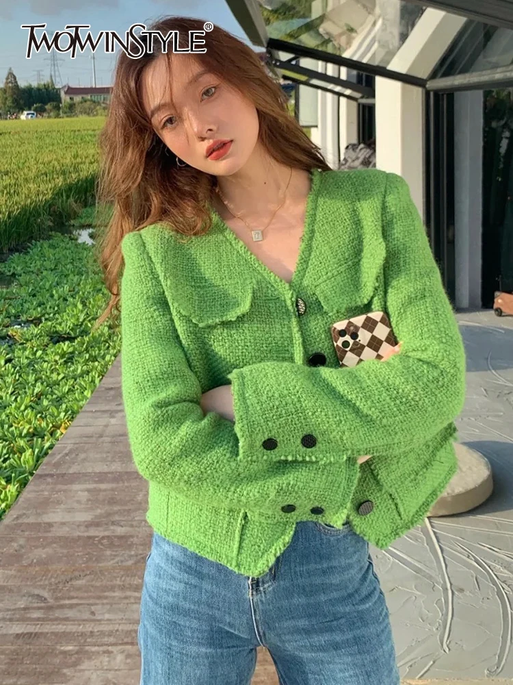 

Женский однобортный Блейзер TWOTWINSTYLE, с v-образным вырезом, длинными рукавами и карманами, осень 2021