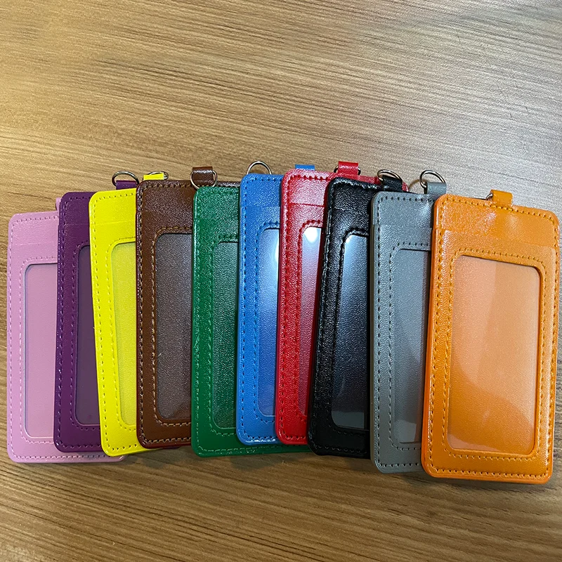 

High Quality PU Leather Material Goods Double ID Card Badge Case Clear PVC Bank Credit Lanyard Badge Holder Nurse Accessories
