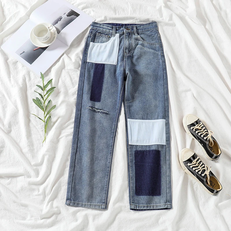 

Women's Ninth Pants 2021 Spring Y2k Harajuku Streetwear Fashion High Waist Trouser Femme Casual Baggy Straight Jeans