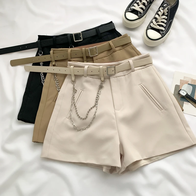 

2021 New Casual Comfortable Elegant Wild Shorts With Belt Women's Woolen Shorts Autumn Winter Slim Wide Leg A-line Shorts