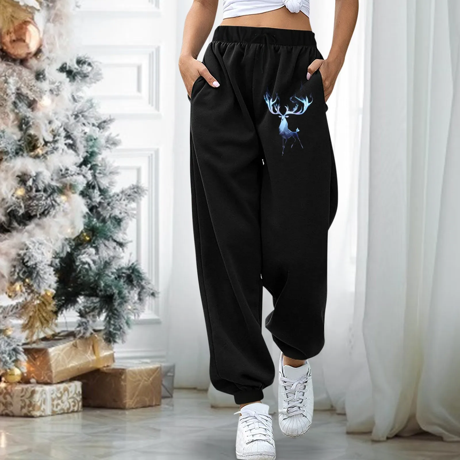 

2021 Women's Fashion Baggy Pants With Pockets Fashion Animal Pattern Sweatpants For Women Drawstring Wasit Trousers pantalones