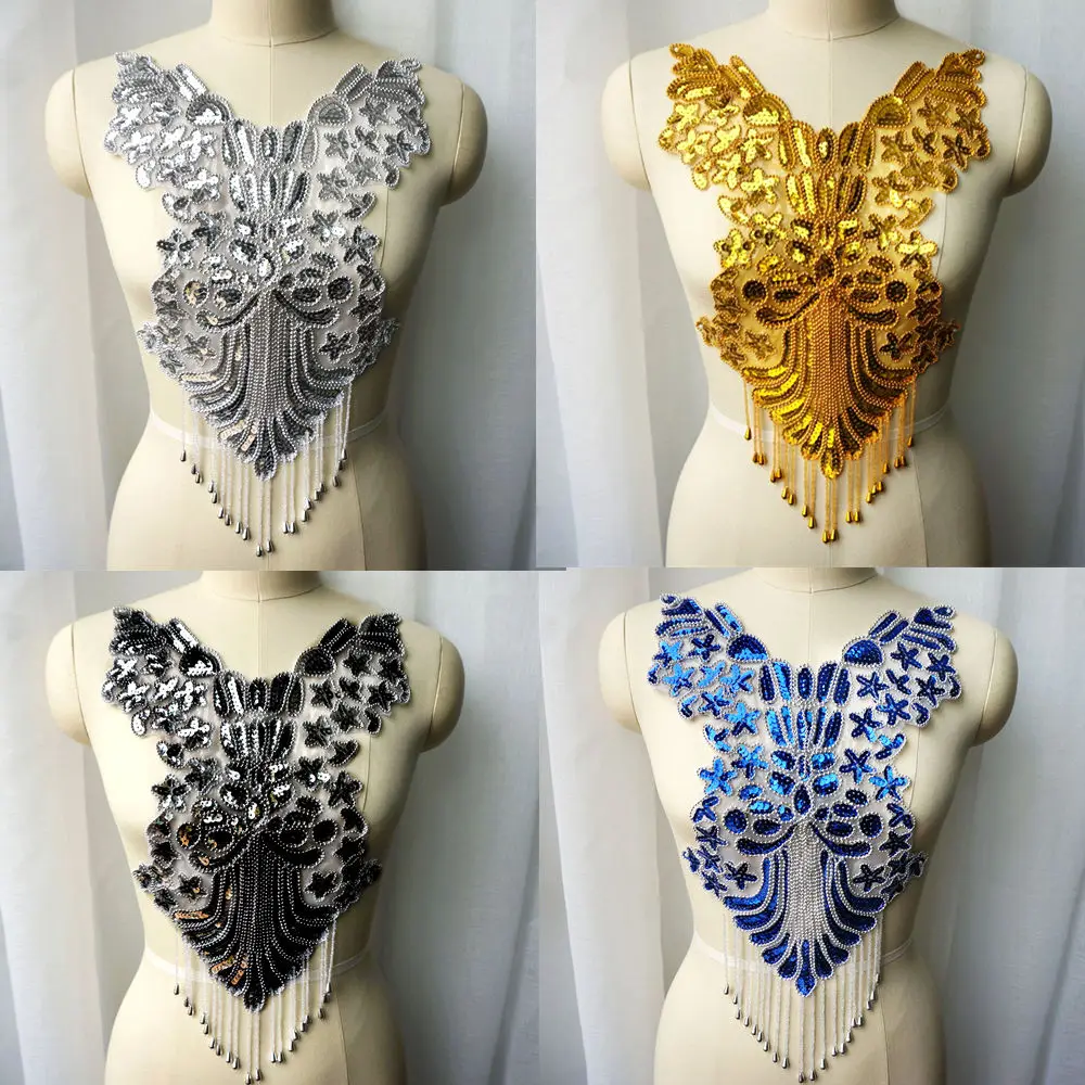 Золотой серебряный синий блесток кружевной ткани с бусинами кисточка свадебное