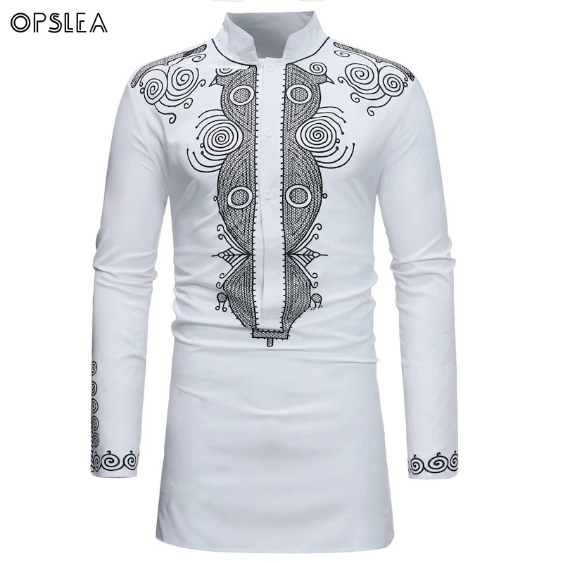 Opslea Dashiki африканская Мужская рубашка с длинным рукавом и стоячим воротником Bazin Riche с национальным этническим принтом Одежда Повседневная приталенная рубашка