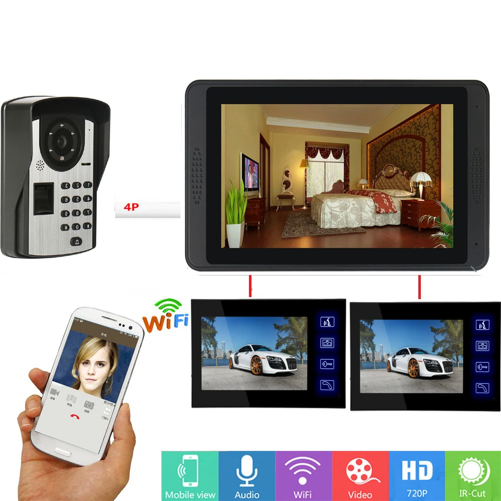 Пароль по отпечатку пальца дистанционного разблокировки видеодомофон 7 дюймов