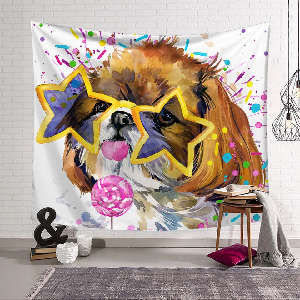 

Cute Dog Tapestry Bedroom Living Room Dormitory Wall Hanging Tapestry Cartoon Style Polyester Washable Blanket