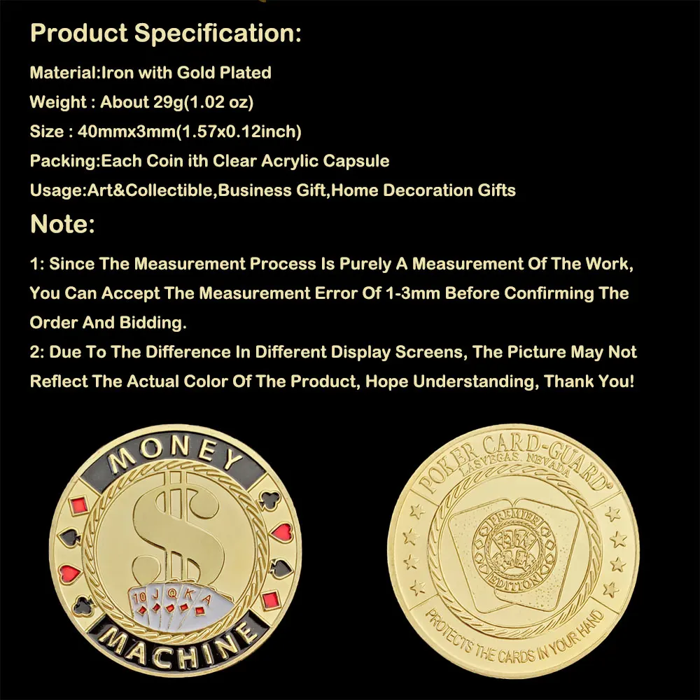 

Gold Plated Money Machine Poker Card Guard Lasvegas Fichas Challenge Coin Premier Souvenirs Collectible Coins Medal Gift