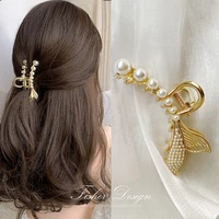 mermaid hair claw clips gold metal crabs for hair womens pearl grip temperament hairpin ponytail holders headwear accessories