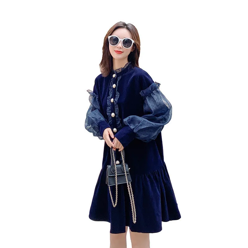 

Blue Pregnant women Dress Spring Autumn Corduroy Long Sleeve Loose Cotton breastfeed pregnant women Clothings