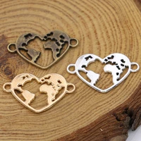 10pcs gold plated heart world map charm connector for jewelry making bracelet accessories necklace diy 26x16mm