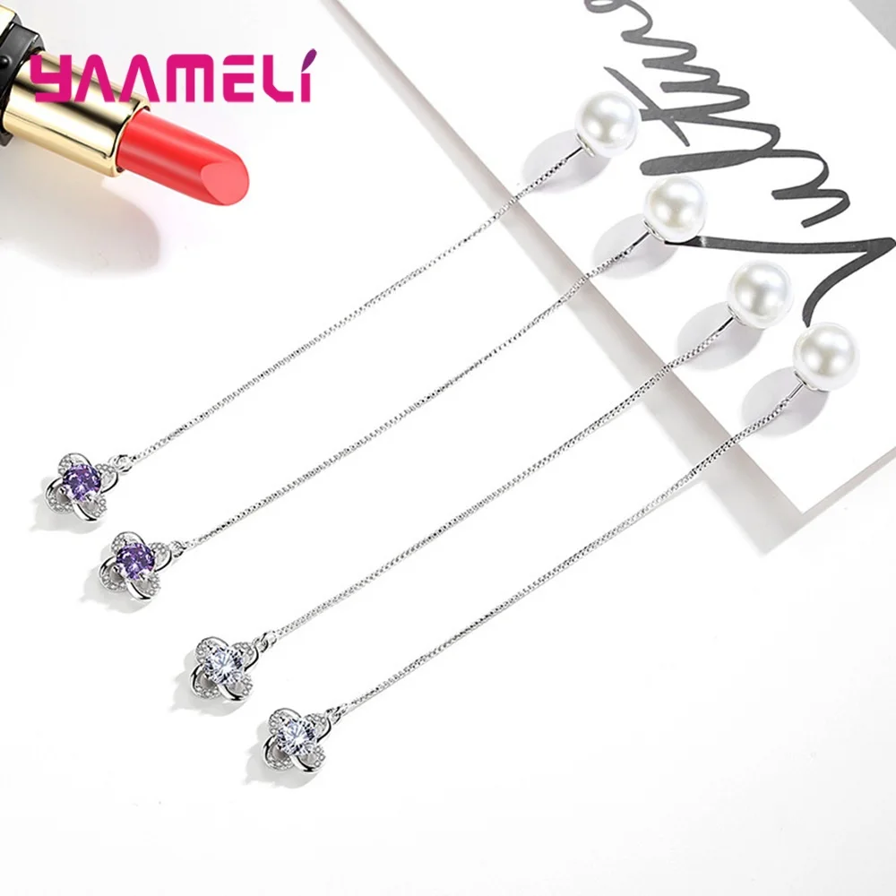 Серьги-подвески из серебра 925 пробы с круглыми и квадратными фианитами |