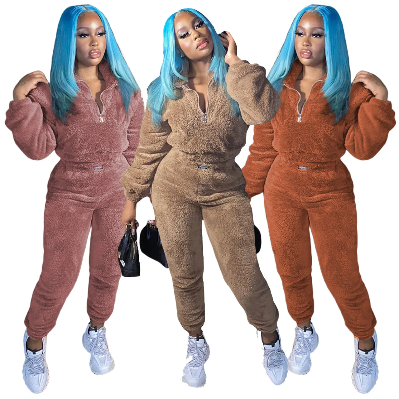 

Pure color thick double-sided velvet V-neck pants suit women autumn and winter 2021 new casual two-piece long-sleeved pants suit
