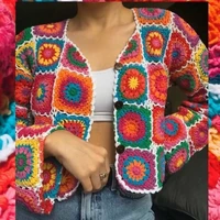 2021 boho colored plaid flower hand crochet cardigan vintage woman v neck knitwear jumper long sleeve center buttons sweater