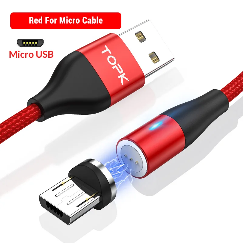 Micro Cable (Red) TOPK AM60 3A 3-го поколения, светодиодный кабель для быстрой зарядки, магнитный кабель Micro usb type C для iPhone 11X8 7, usb-кабель для зарядки и передачи данных - Цвет: Micro Cable (Red)