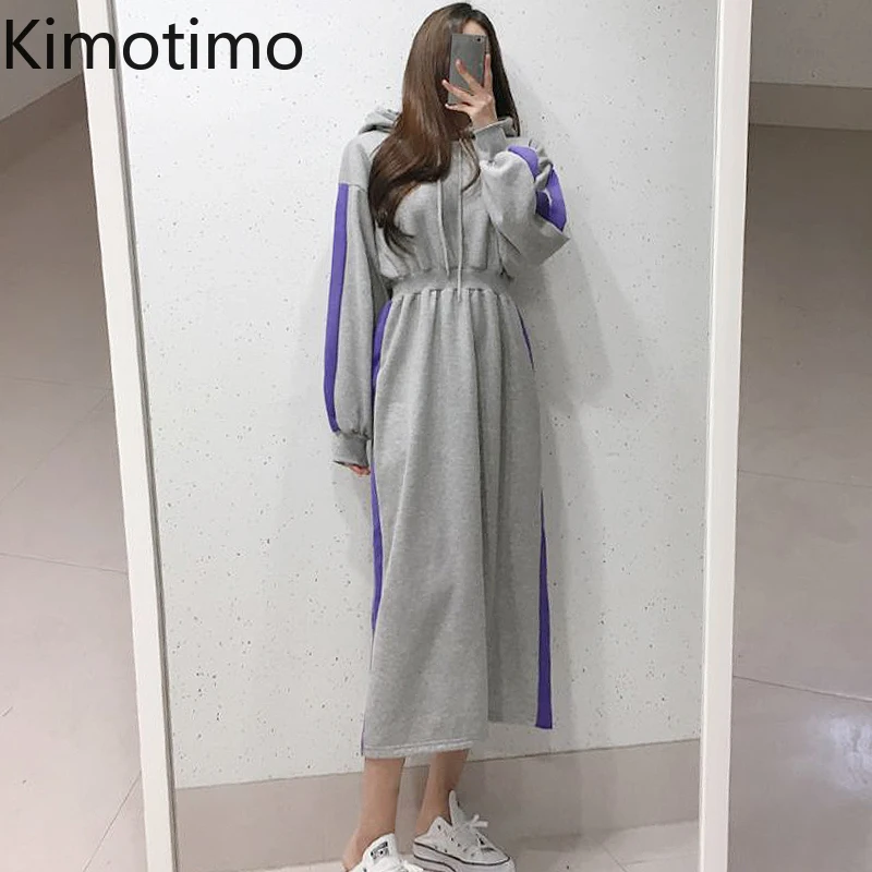 

Женское платье-свитер с капюшоном Kimotimo, корейское шикарное осенне-зимнее повседневное контрастное длинное платье с капюшоном и высокой тал...