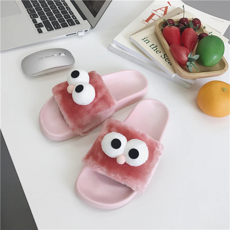 Женская обувь на плоской подошве нескользящие повседневные пушистые тапочки для