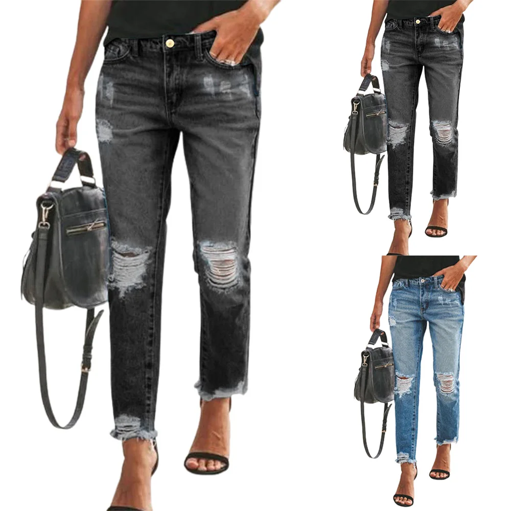 

VICABO Hole Ripped Jeans Women Denim Skinny Jegging Frayed Slim Fit Straight Pencil Trousers High Waist Blue Black Pants