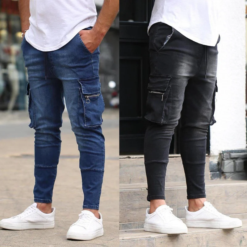 

Men Zipper Tooling Multi-Pocket Jeans Fashion Biker Denim Trousers Hip-Hop Street Blue Locomotive Cowboy Clothing Male