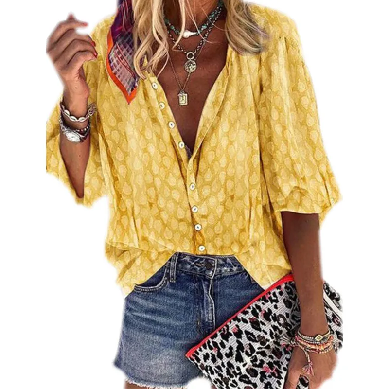 Женская рубашка с V-образным вырезом и принтом Повседневная большого размера